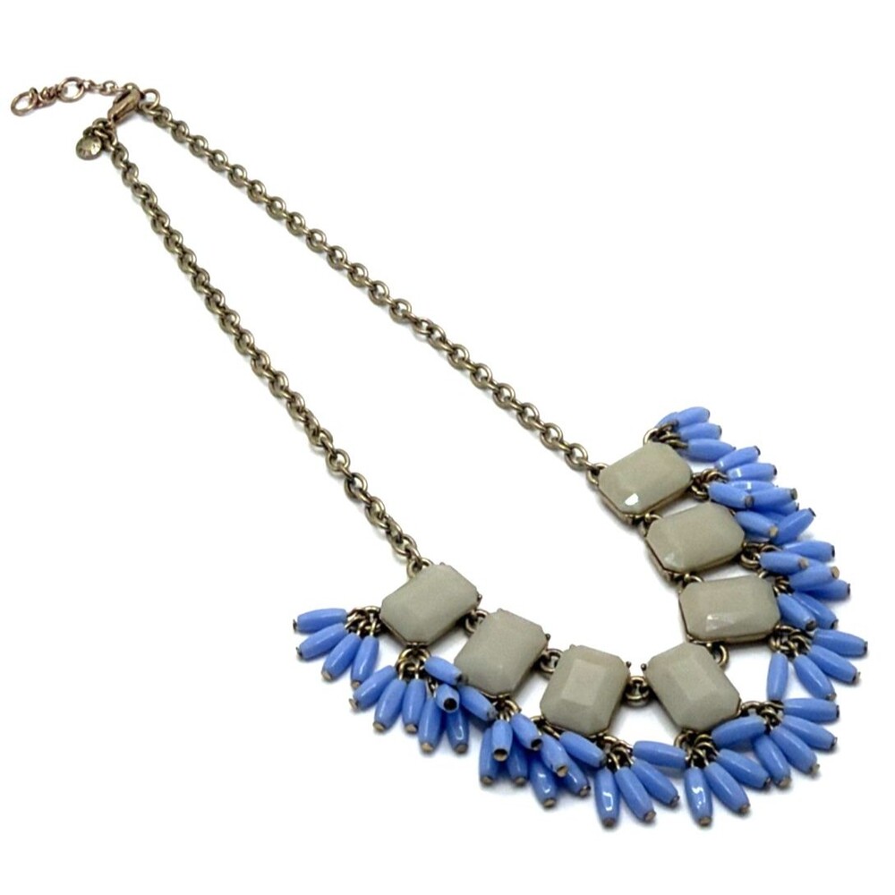 J Crew Factory Gray & Blue Beaded Fringe Bib Necklace Statement Piece 18" to 20"